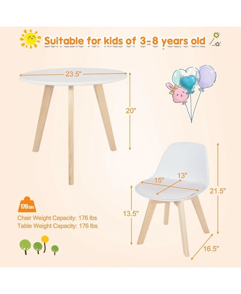 Slickblue Modern Kids Activity Play Table and 2 Chairs Set with Beech Leg Cushion-White