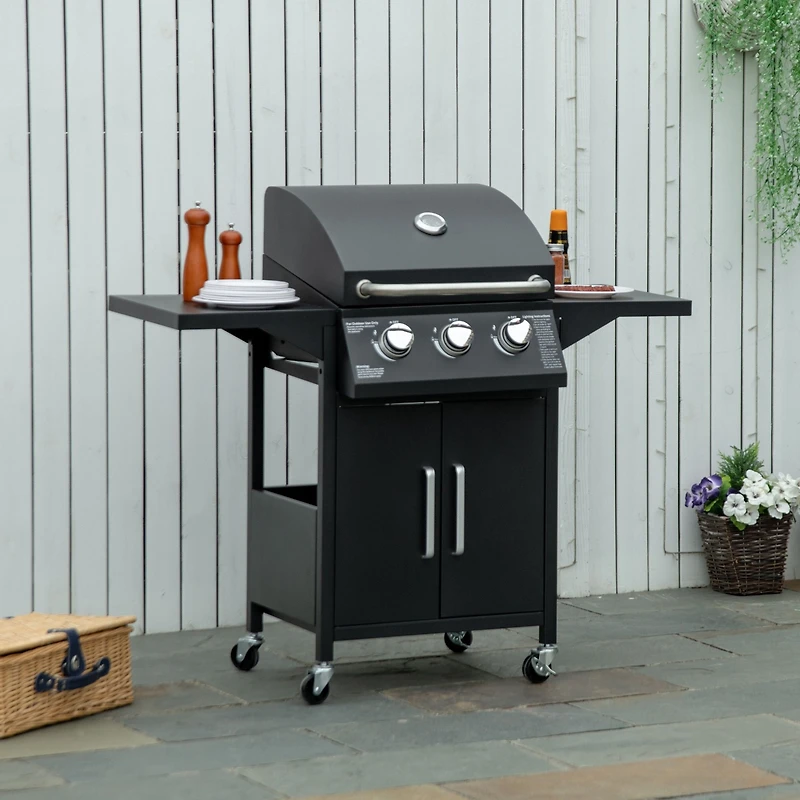 Outsunny 3 Burner Gas Grill w/ Wheels, Storage Shelves, Thermometer,