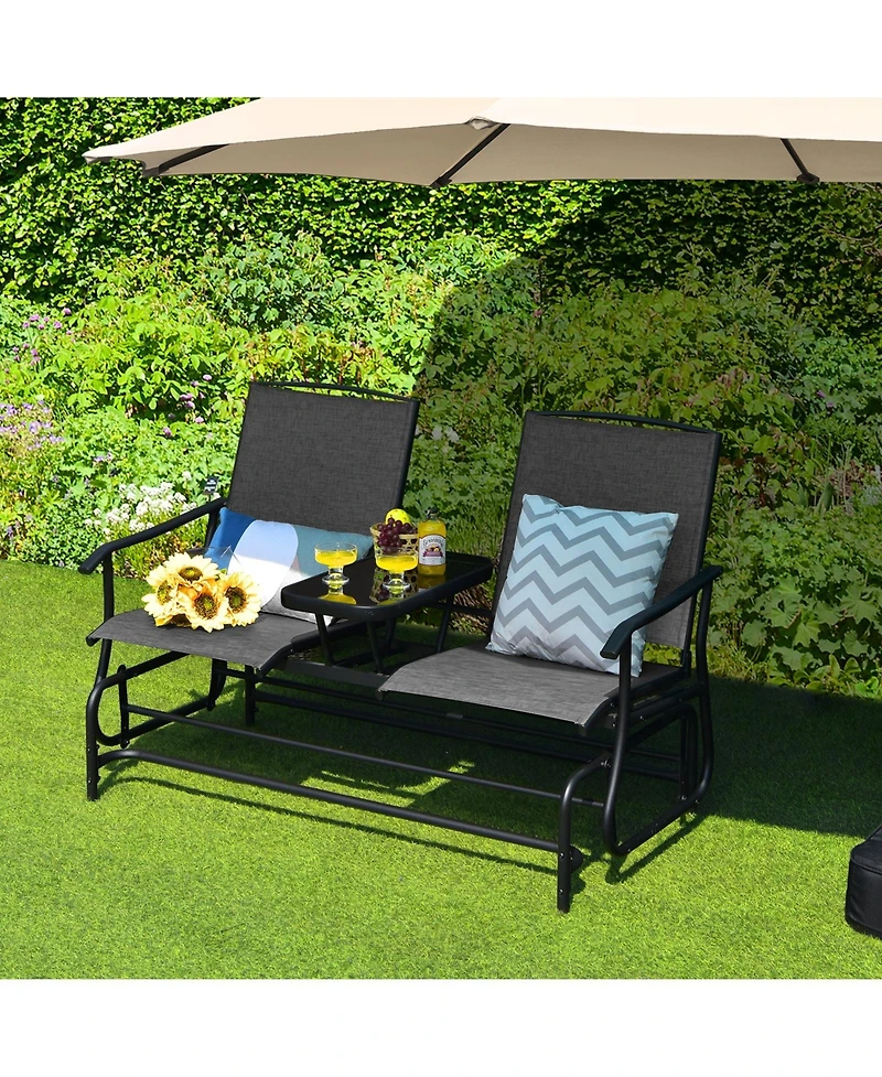 Slickblue 2-Person Double Rocking Loveseat with Mesh Fabric and Center Tempered Glass Table