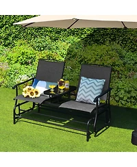 Slickblue 2-Person Double Rocking Loveseat with Mesh Fabric and Center Tempered Glass Table