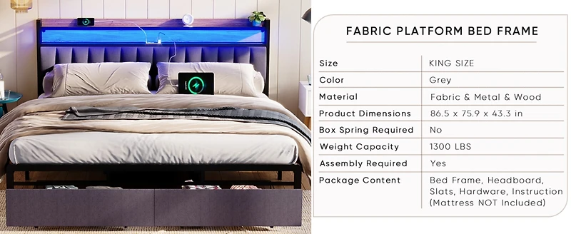 Streamdale King Bed Frames With Storage and Led Platform Frame