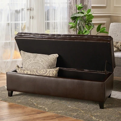 Streamdale Cancia Faux Leather Tufted Storage Ottoman with Espresso Wood Frame