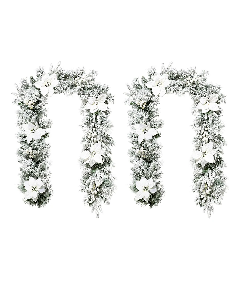 Glitzhome Set of 2 6ft Pre Lit Flocked Greenery Pine White Poinsettia Christmas Garland, with 50 Warm White Lights with Timer, Three Function