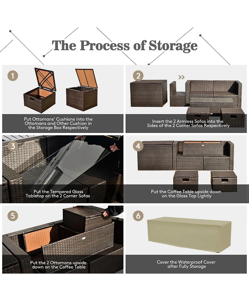 8PCS Patio Rattan Furniture Set Space-Saving Storage Cushion