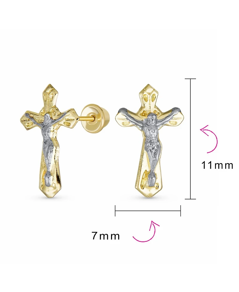 Bling Jewelry Tiny Minimalist Christian Religious Jesus Gold Crucifix Cross Two Tone Yellow 14K Gold Stud Earring Safety Screw Back