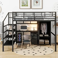Simplie Fun Metal Loft Bed With Table Set And Wardrobe, Full