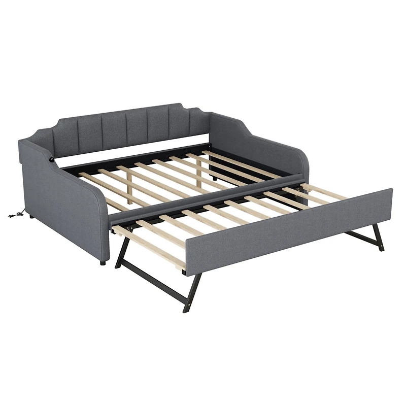 Simplie Fun Full Size Upholstery Daybed With Trundle And Usb Charging Design, Trundle