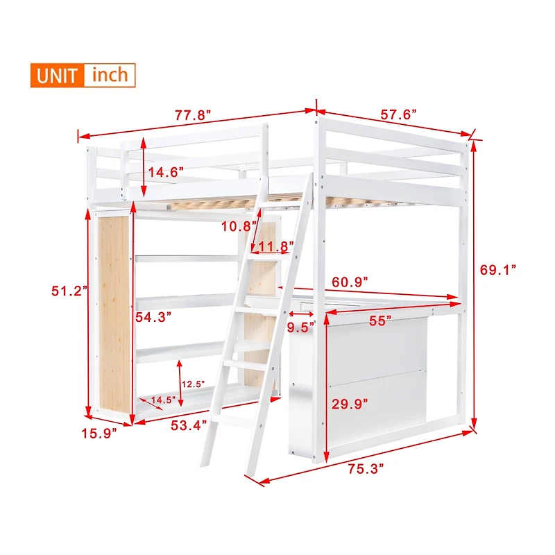 Streamdale Full Loft Bed With Ladder, Shelves, And Desk, White