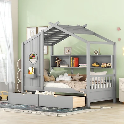 Streamdale Wooden Twin Size House Bed With 2 Drawers, Kids Bed With Storage Shelf