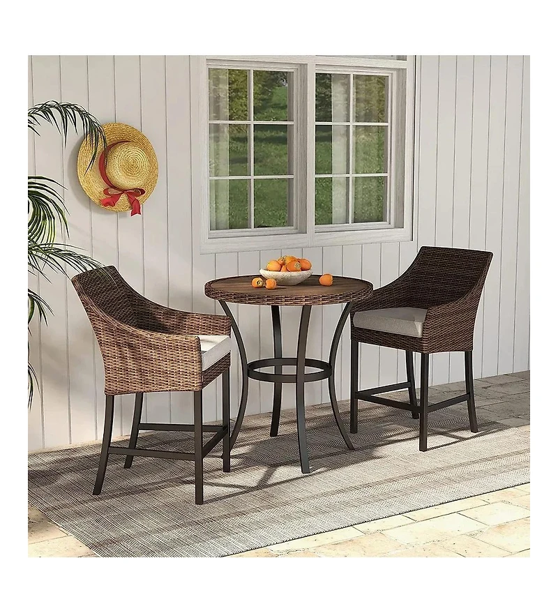 Mondawe 3-Piece Pe Rattan Wicker Patio Conversation Set Outdoor High Bar Chairs and Bistro Table with Gray Cushion