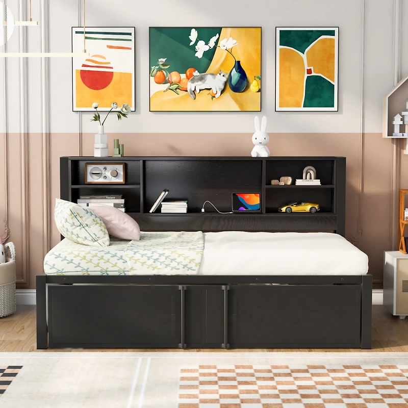 Streamdale Furniture Metal Twin Size Daybed With Twin Size Trundle, Storage Shelves And Usb Ports