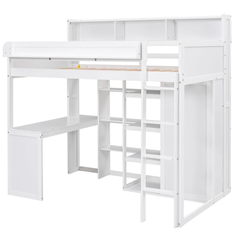 Streamdale Wood Twin Loft Bed With Multiple Storage Shelves And Wardrobe
