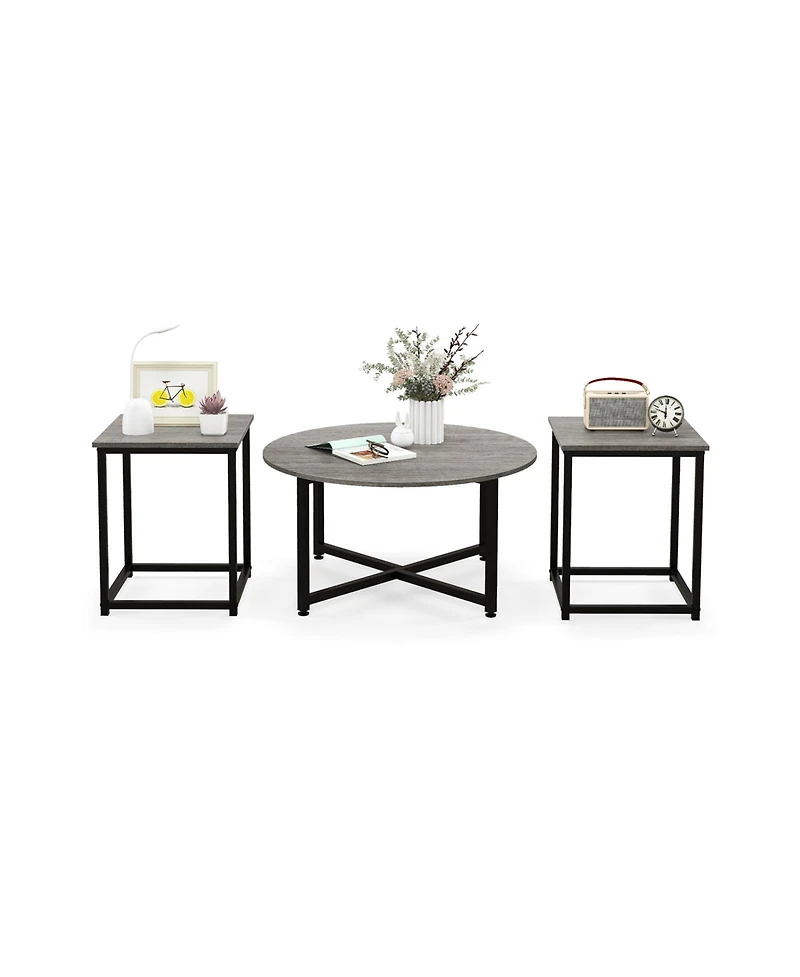 3-Piece Coffee Table Set Round Coffee Table and 2PCS Square End Tables