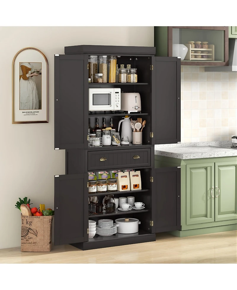 Gymax 72'' Kitchen Pantry Storage Cabinet Tall Freestanding Cupboard w/ 4 Doors Large Drawer Brown