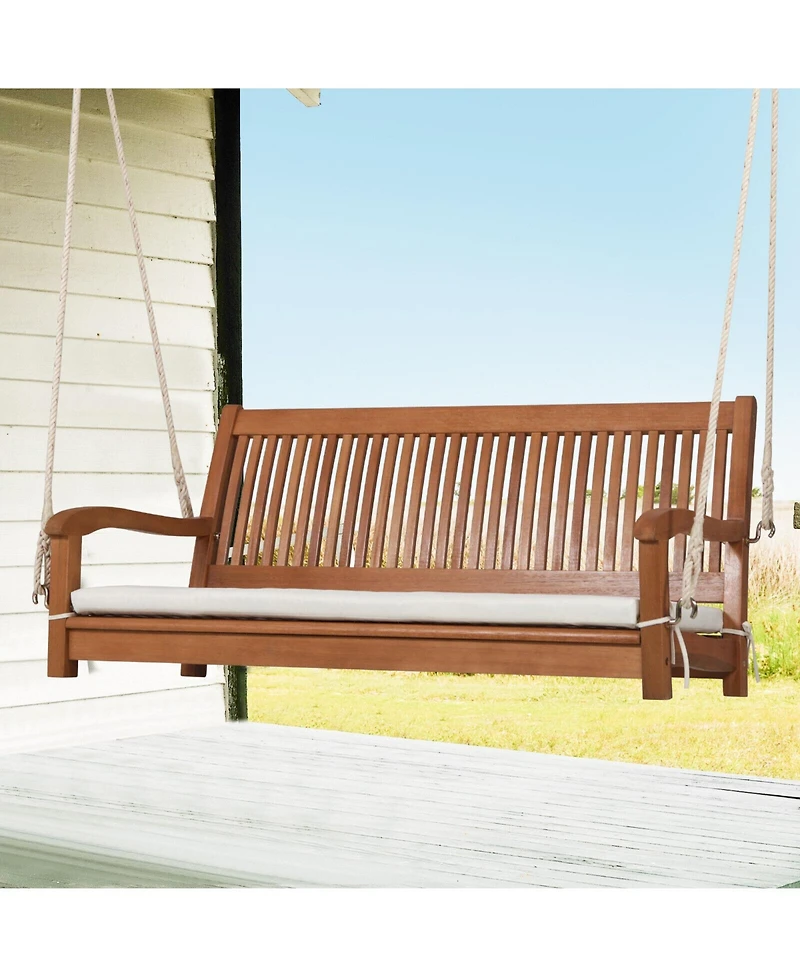 Slickblue 2-Person Hanging Porch Swing Wood Bench with Cushion Curved Back
