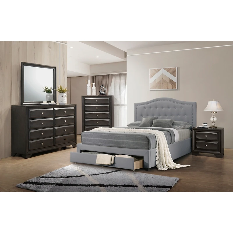 Streamdale Light Grey Twin Bed with Drawer Storage & Button Tufted Headboard