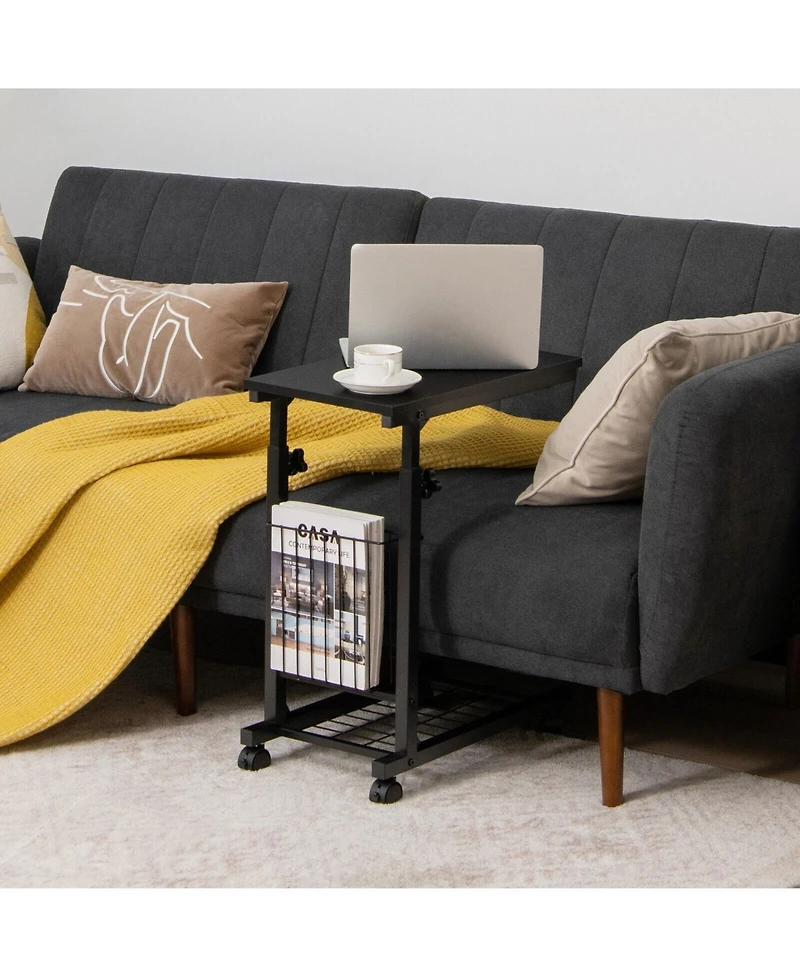 Slickblue Adjustable C-shape Sofa Side Table with Storage Basket