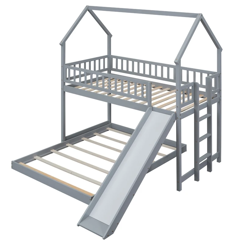 Simplie Fun Twin Over Full House Bunk Bed With Slide And Built-In Ladder, Full-Length Guardrail