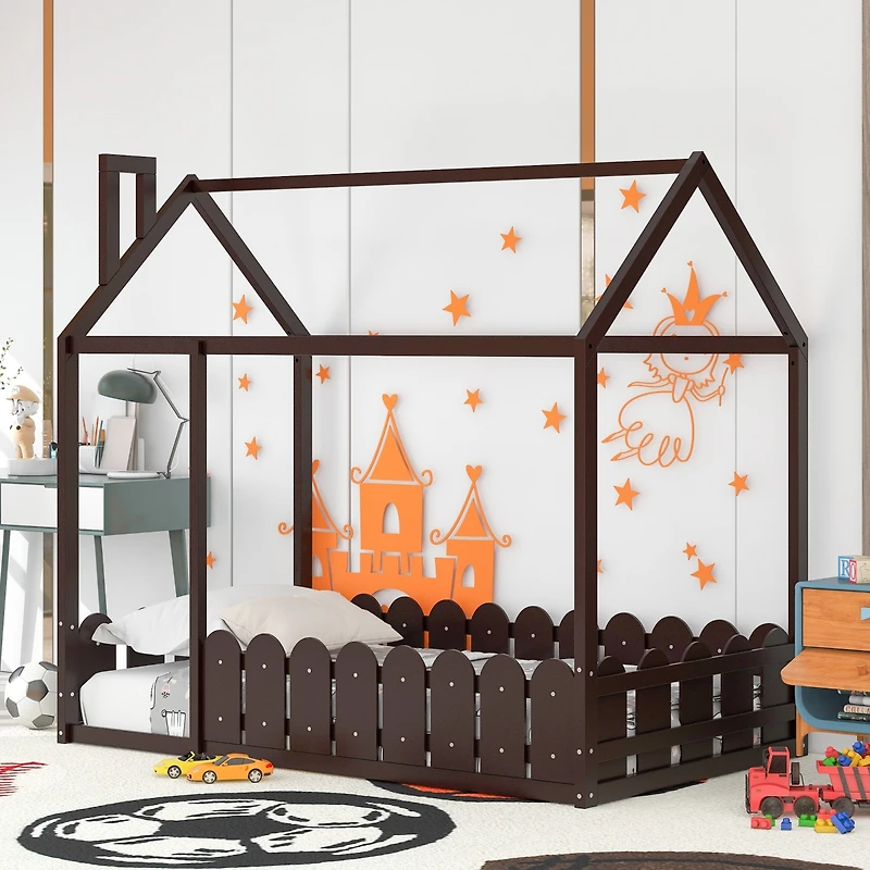 Streamdale Twin Wood Bed House Frame With Fence, For Kids, Teens, Girl