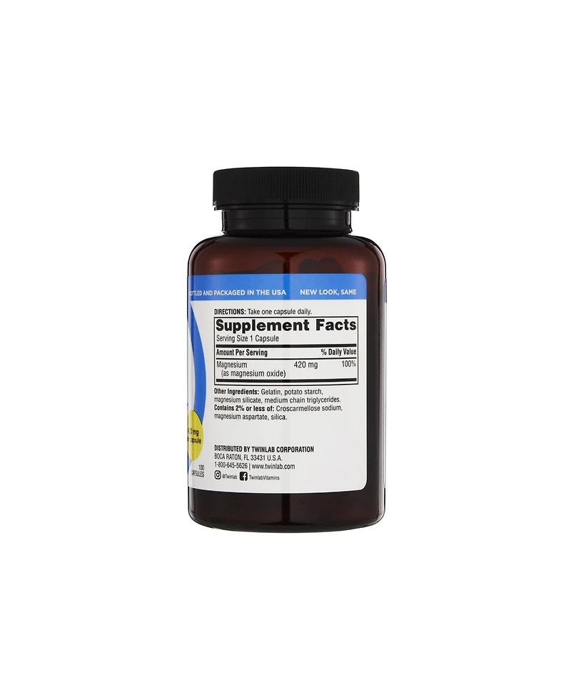 Twinlab Magnesium Caps - High Absorption Magnesium Supplement - Magnesium Capsules for Stress Relief, 420 mg, 100 Count 2 Pack