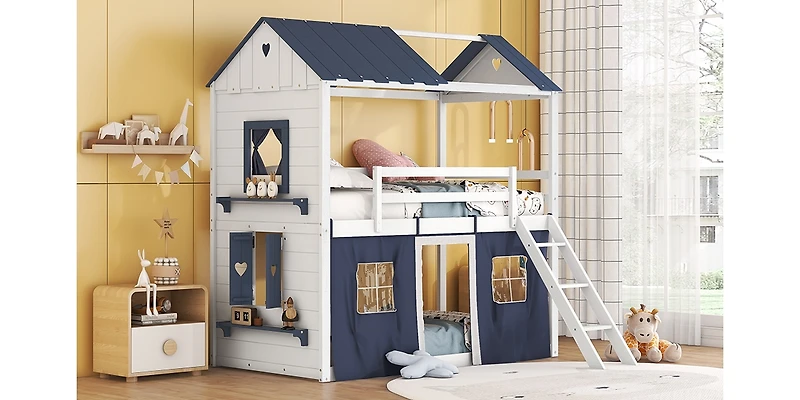 Streamdale Twin Size Bunk Wood House Bed With Elegant Windows, Sills And Tent