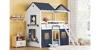 Streamdale Twin Size Bunk Wood House Bed With Elegant Windows, Sills And Tent
