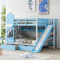 Simplie Fun Full-Over-Full Castle Style Bunk Bed with 2 Drawers 3 Shelves and Slide - White