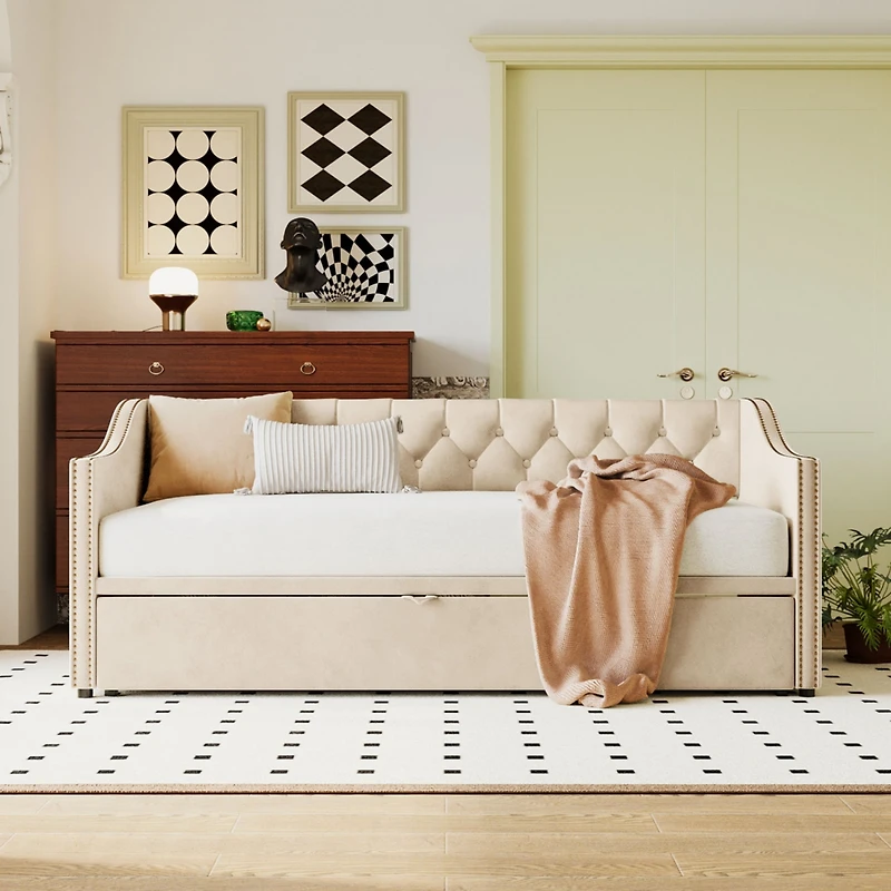 Streamdale Twin Upholstered daybed with Pop Up Trundle, Beige