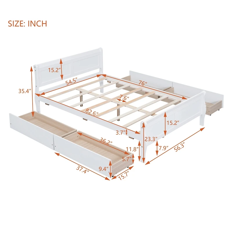 Streamdale Wooden Platform Bed with 4 Drawers & Headboard