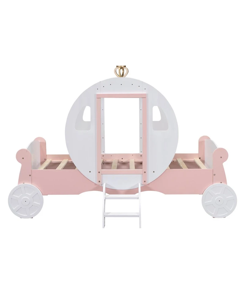 Simplie Fun Twin Size Princess Carriage Bed With Crown, Wood Platform Car Bed With Stair+Pink