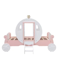 Simplie Fun Twin Size Princess Carriage Bed With Crown, Wood Platform Car Bed With Stair+Pink
