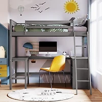 Streamdale Twin Loft Bed With Shelves And Desk, Wooden Desk