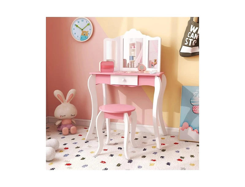 Slickblue Kid's Wooden Vanity Table and Stool Set with 3-Panel Acrylic Mirror-White