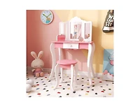 Slickblue Kid's Wooden Vanity Table and Stool Set with 3-Panel Acrylic Mirror-White