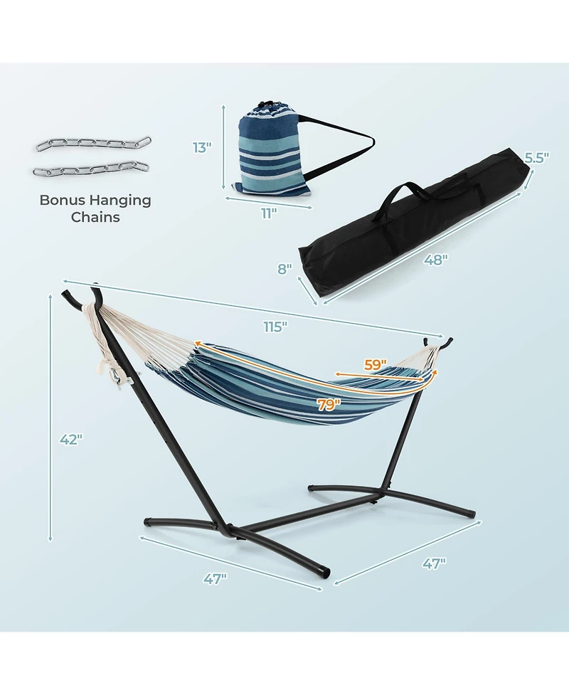 Slickblue Portable Indoor Outdoor 2-Person Double Hammock Set with Stand and Carrying Cases-Blue