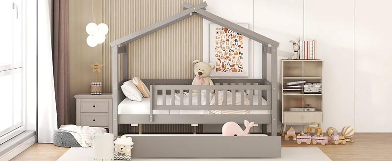 Streamdale Full Size Wooden House Bed With Twin Size Trundle