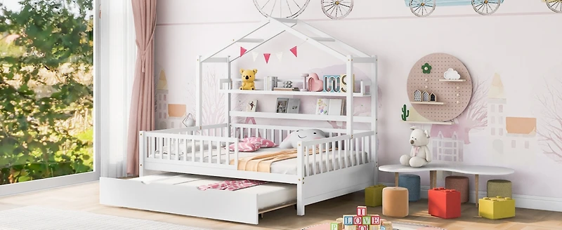 Streamdale Twin-Size Trundle Kids Bed with Shelf, White