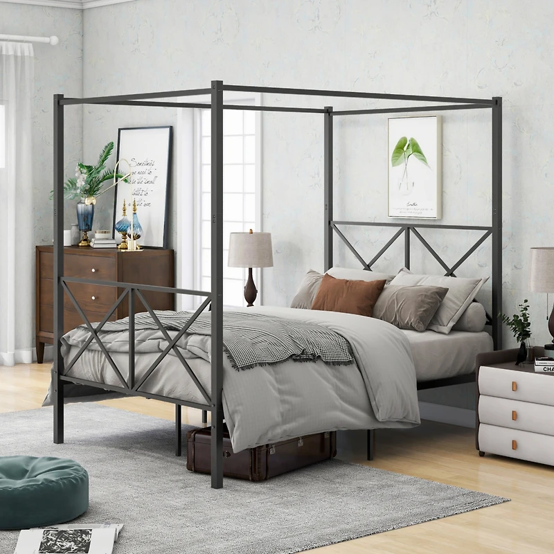 Simplie Fun Metal Canopy Bed Frame, Platform Bed Frame With X Shaped Frame Full