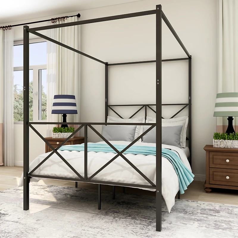 Simplie Fun Metal Canopy Bed Frame, Platform Bed Frame With X Shaped Frame Full