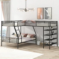 Simplie Fun L-Shaped Metal Twin Over Full Bunk Bed And Twin Size Loft Bed With Four Built-In Shelves