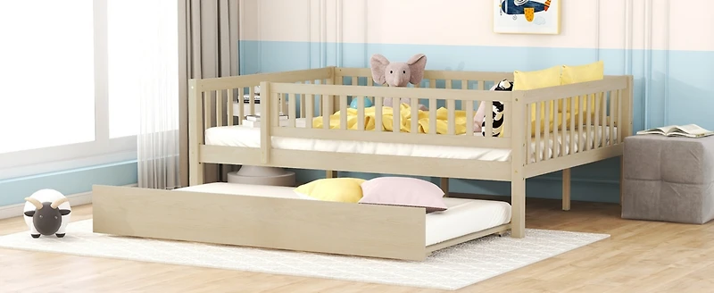 Simplie Fun Full Wood Daybed With Trundle And Fence Guardrails