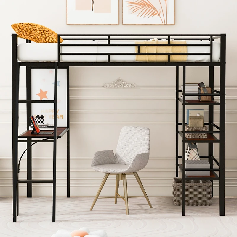 Streamdale Loft Bed with Shelves, Desk, and Whiteboard