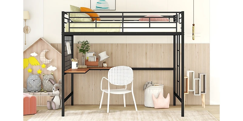 Simplie Fun Full Metal Loft Bed With Desk And Metal Grid
