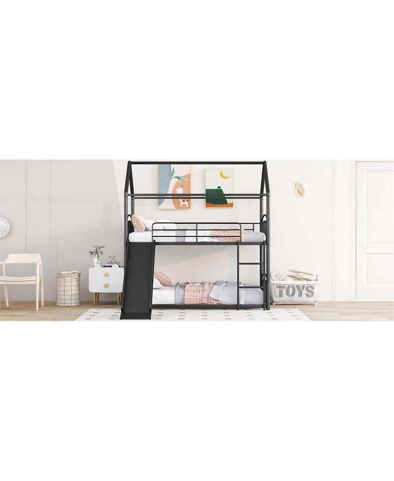 Streamdale Furniture Twin Over Twin Metal Bunk Bed With Slide, Kids House Bed