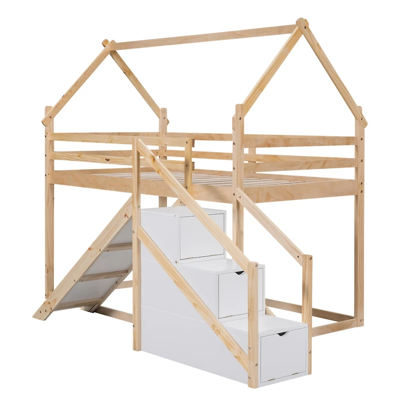 Streamdale Twin Over House Loft Or Bunk Bed With Slide And Staircase