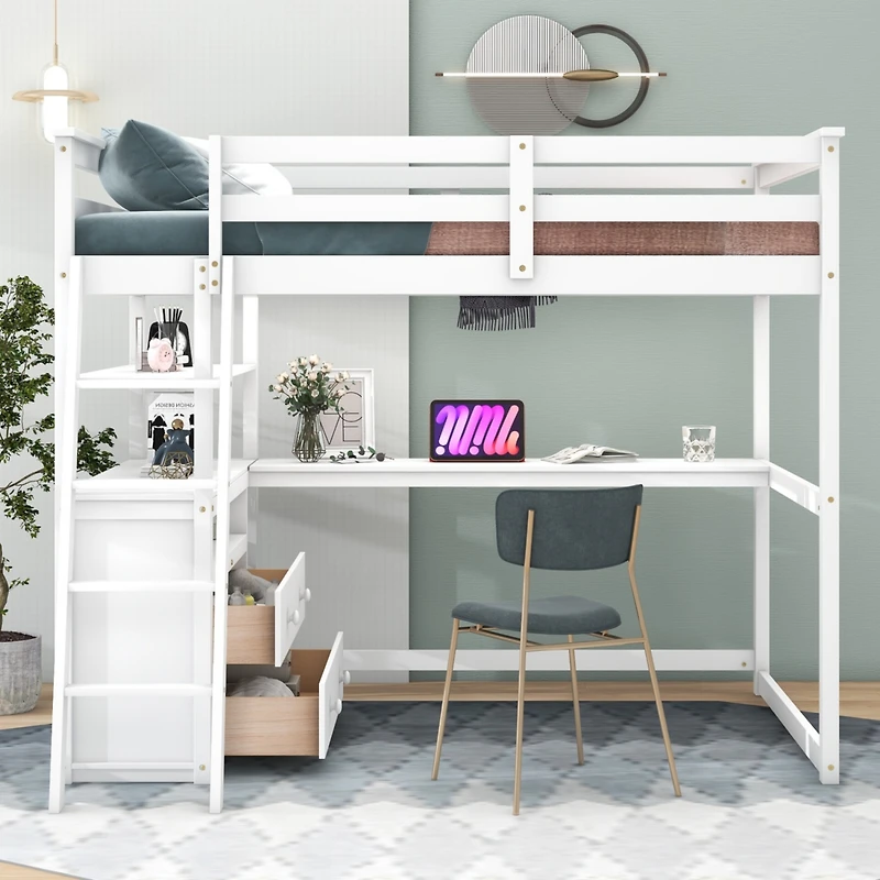 Streamdale Full Loft Bed With Desk And Shelves, Two Built-In Drawers