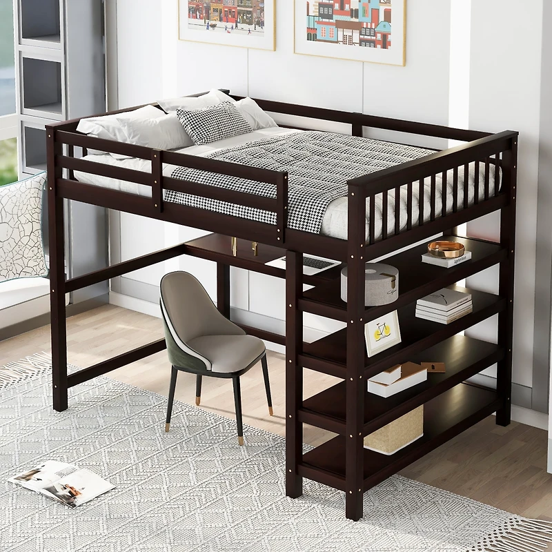 Streamdale Full Loft Bed With Storage Shelves And Under-Bed Desk