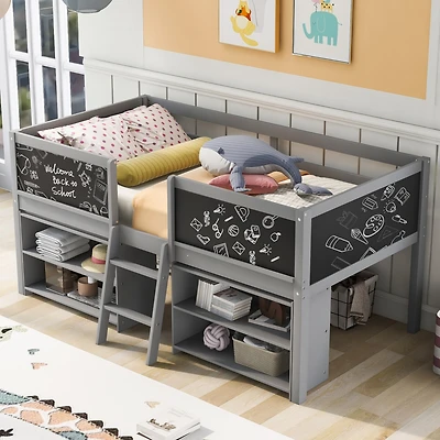 Streamdale Loft bed with shelves, ladder, guardrail chalkboard