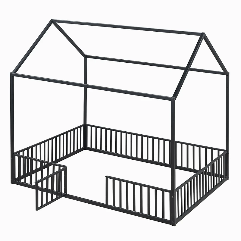 Streamdale Full Size Metal House Bed With Fence And Door