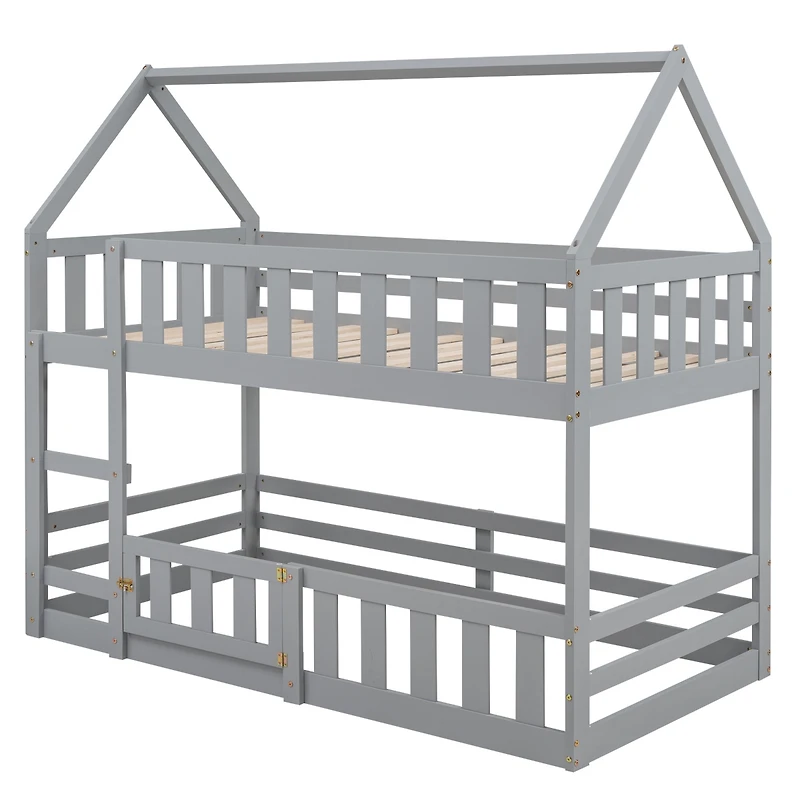 Streamdale Twin Over Twin House Bunk Bed With Fence And Door
